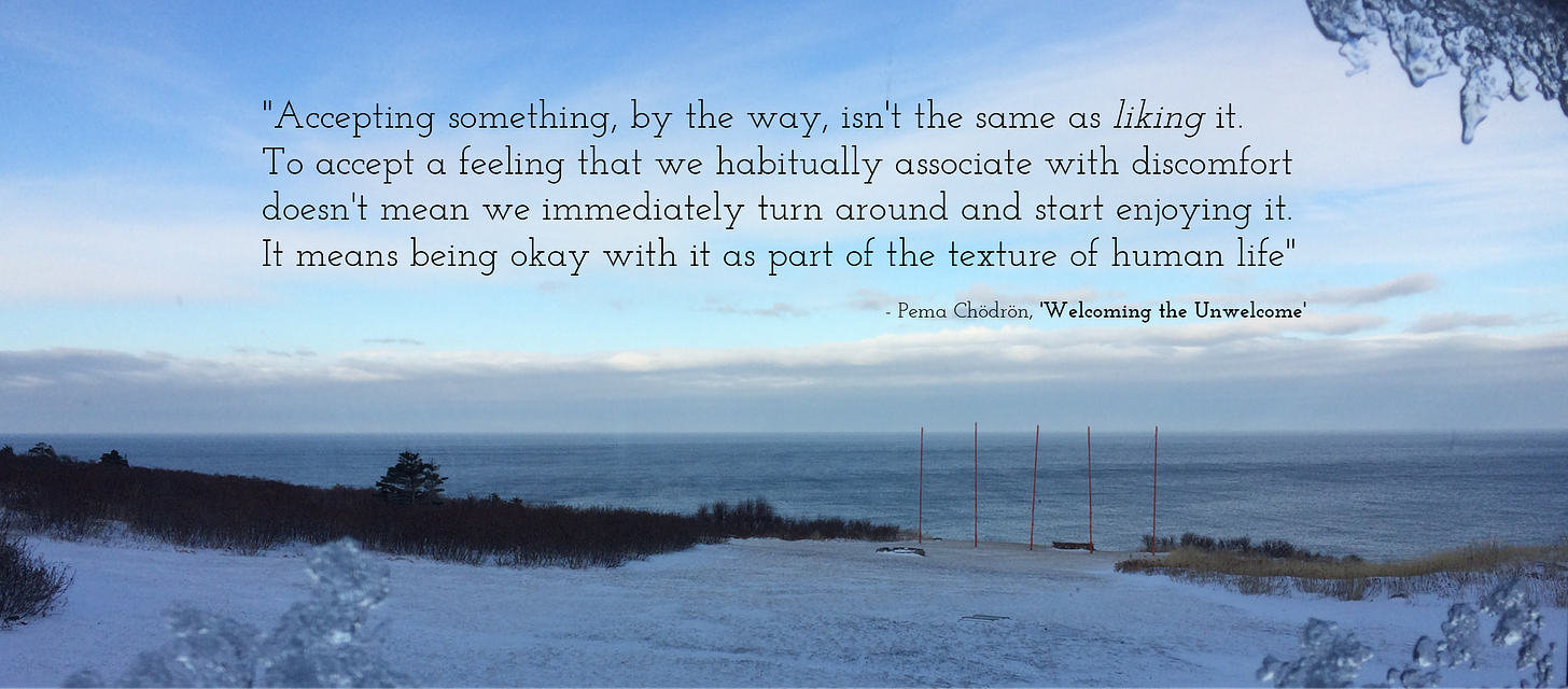 Image of a snowy field leading to a sea cliff taken through a window with a quote from Pema Chödrön on it.