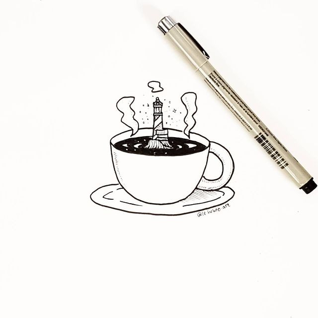 Drawing of a lighthouse in a cup of coffee.