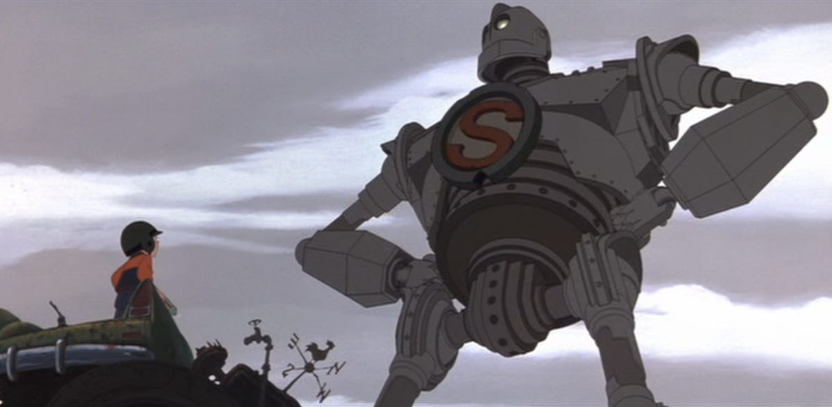 The Iron Giant shows Hogarth his Superman stance.