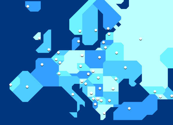 Very simplified map of Europe with states and their capital cities. Each state and each capital is on its own appropriately named layer.