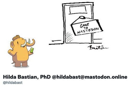 Twitter banner with a cartoon of a closed office door, with a handwritten sign on the knob, "Gone to Mastodon". With the cartoon mastodon greeting logo as my avatar.