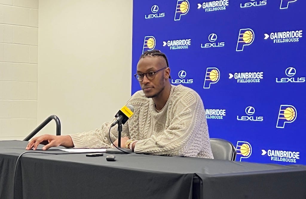 Myles Turner talks with local media after their win over the LA Clippers.