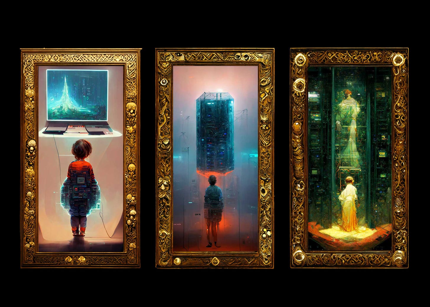 Triptych showing three stages in the evolution of a concept illustration created with Midjourney, an AI-powered image generation tool. The first image shows a figure from behind, standing in front of a floating laptop. The second shows a smaller figure, standing in front of a glowing supercomputer. The third shows a female subject, standing in front of a massive supercomputer with a ghostly image superimposed on top of it, painted in the style of Art Nouveau painter Alphonse Mucha.