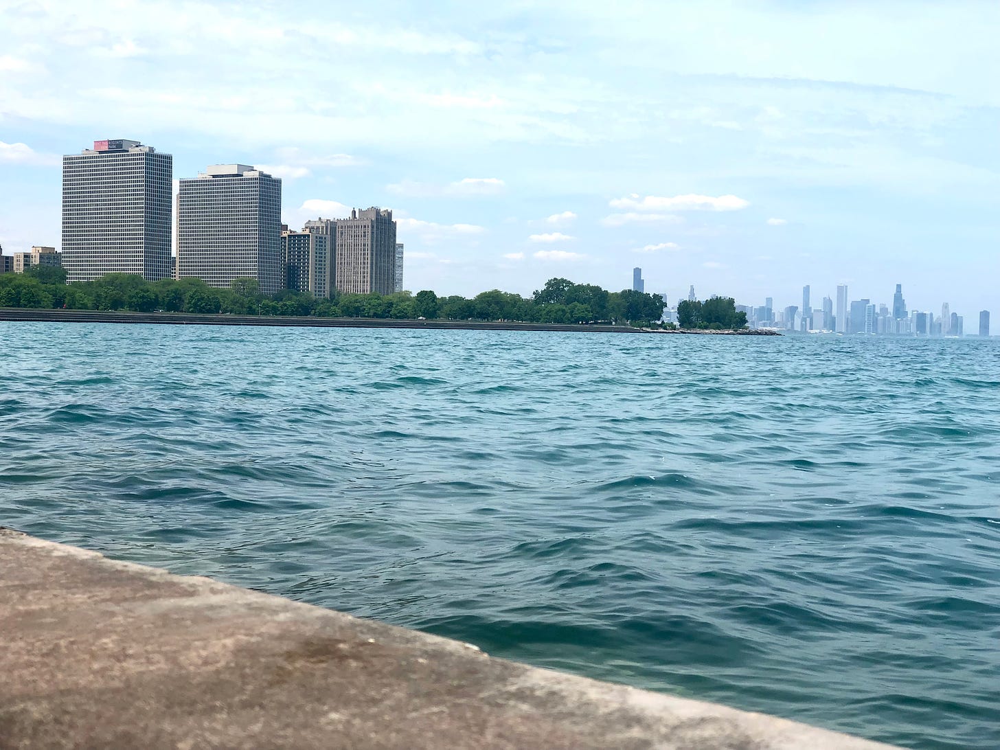 Lakefront shot from Promontory Point in Chicago with downtown in the distance.