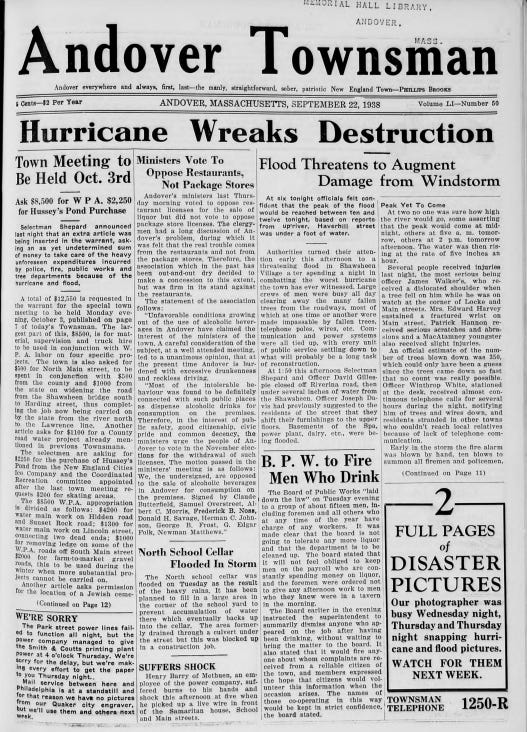 black and white newspaper page. Headline reads Hurricane Wreaks Destruction