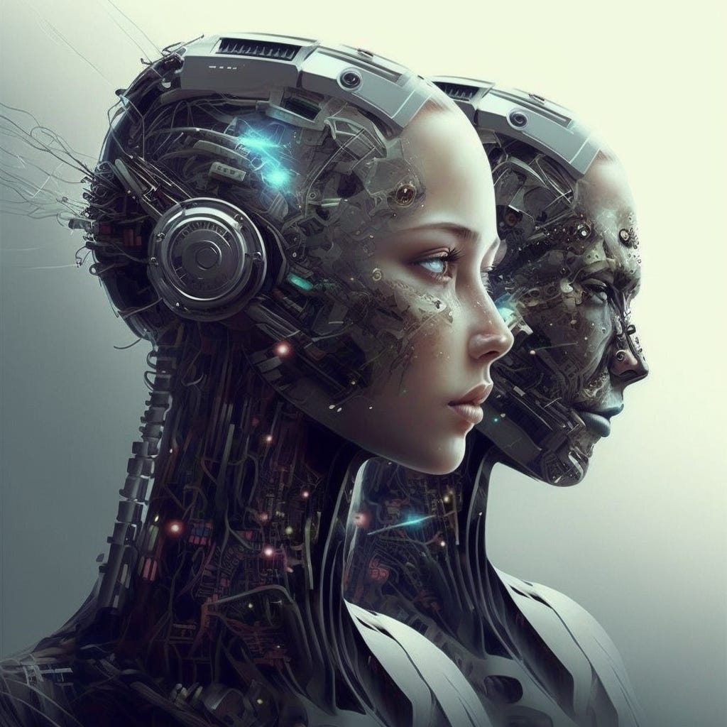A society where humans have merged with technology, either through artificial augmentations or by uploading their consciousness into machines. This could lead to ethical dilemmas and conflicts between those who have embraced this new way of life and those who reject it.