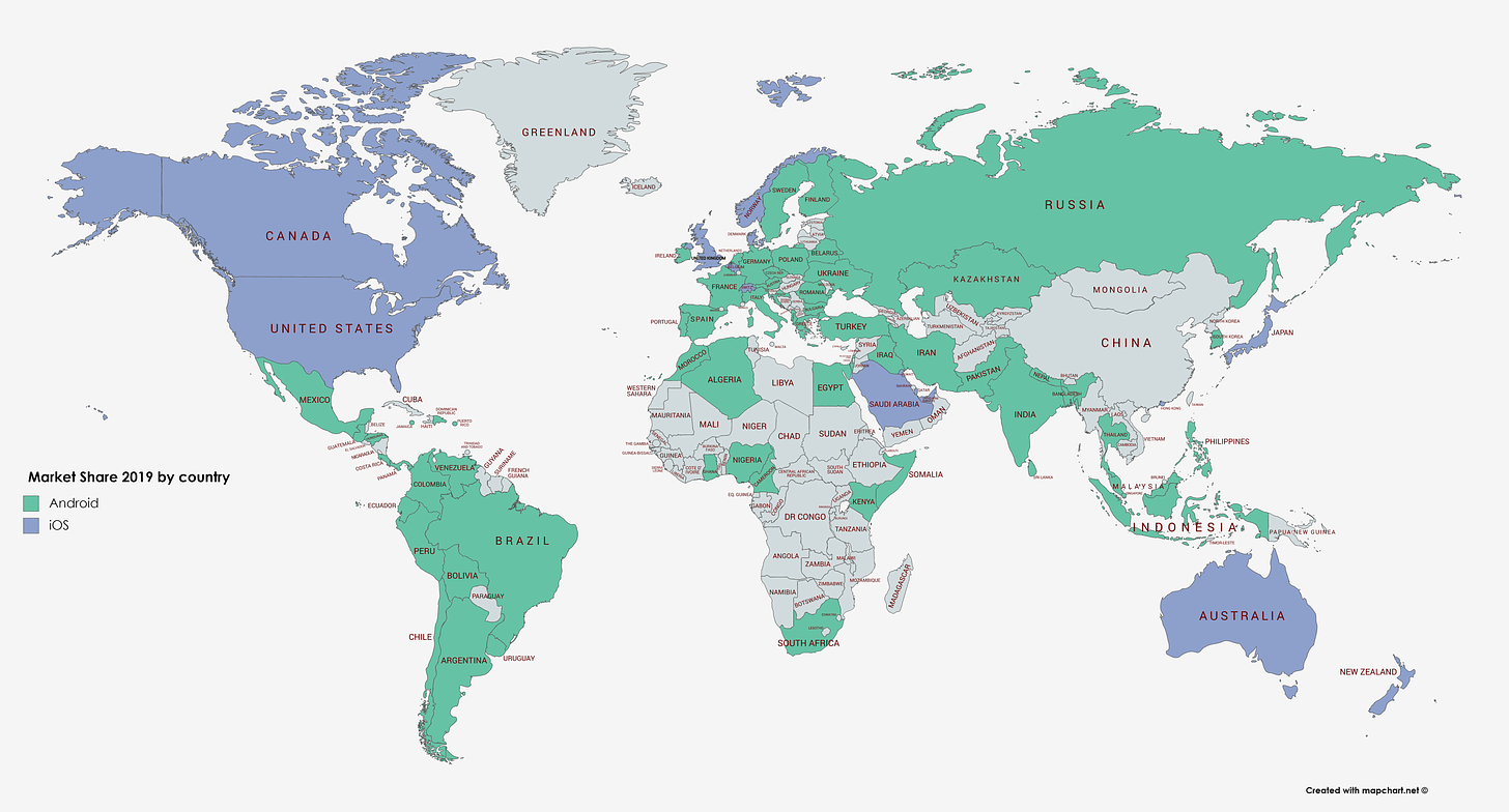 iOS vs Android popularity world map