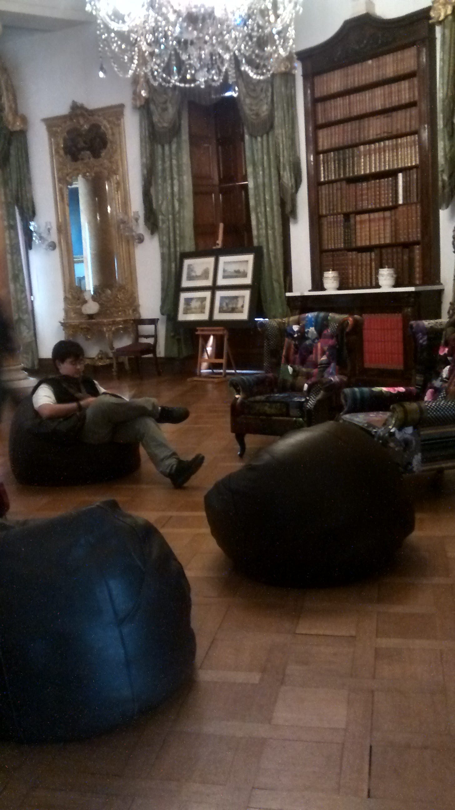 Grand library with bean bag chairs