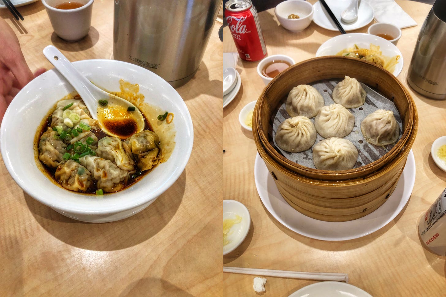 Two photos taken at Ding Tai Fung. The first shows a bowl of Shanghai wontons is spicy sauce. The second shows a bamboo steeamer containing soup dumplings.
