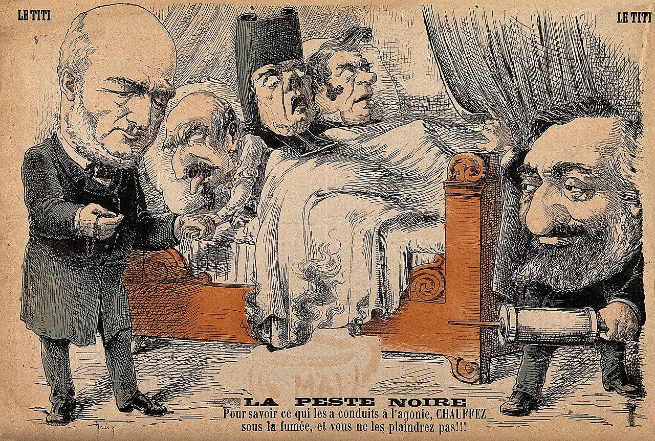 Dessin en couleur représentant Grévy et Gambetta au chevet du bonapartisme, de l'orléanisme et du cléricalisme.