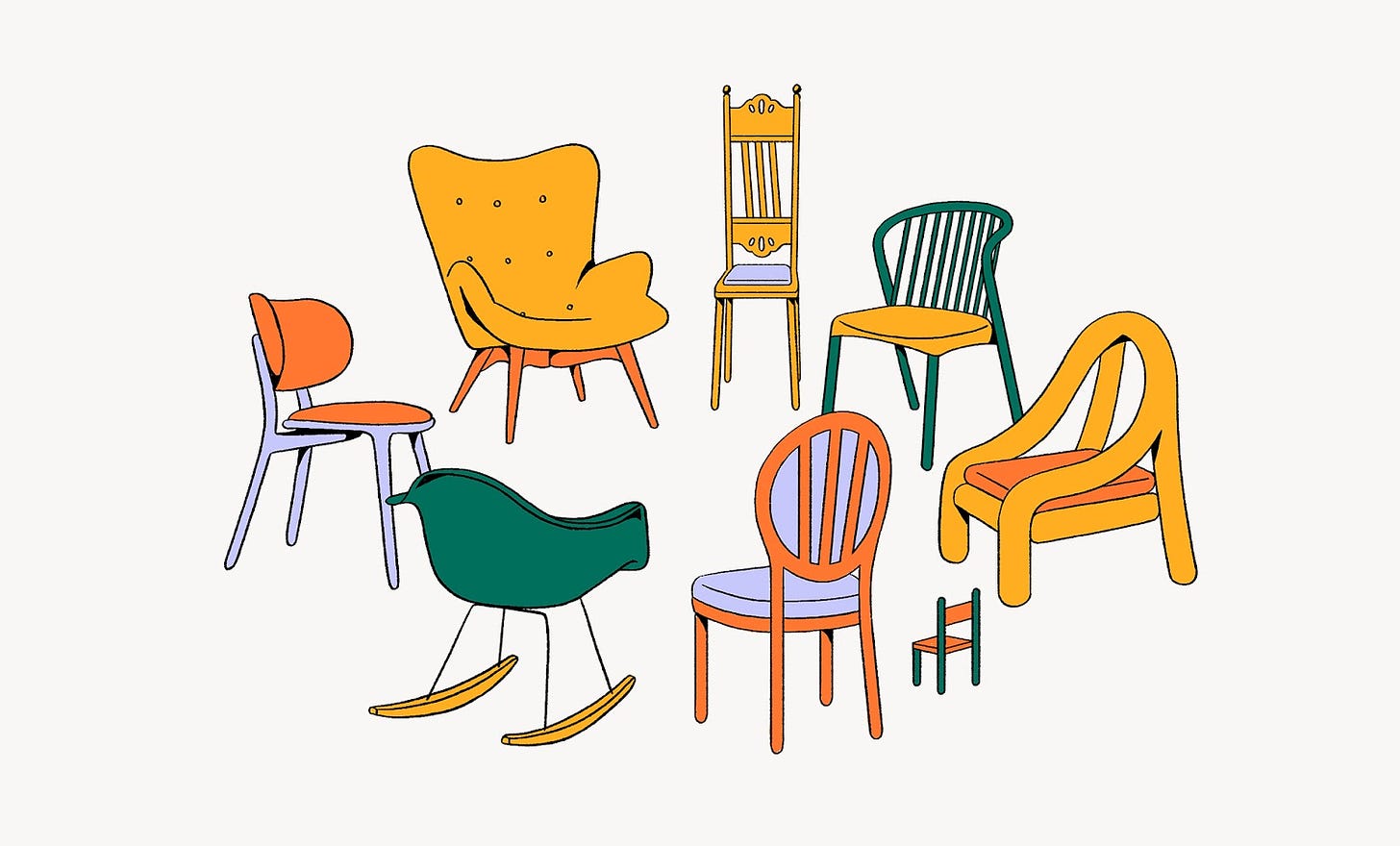 An illustration of many chairs of different shapes and sizes arranged in a circle.