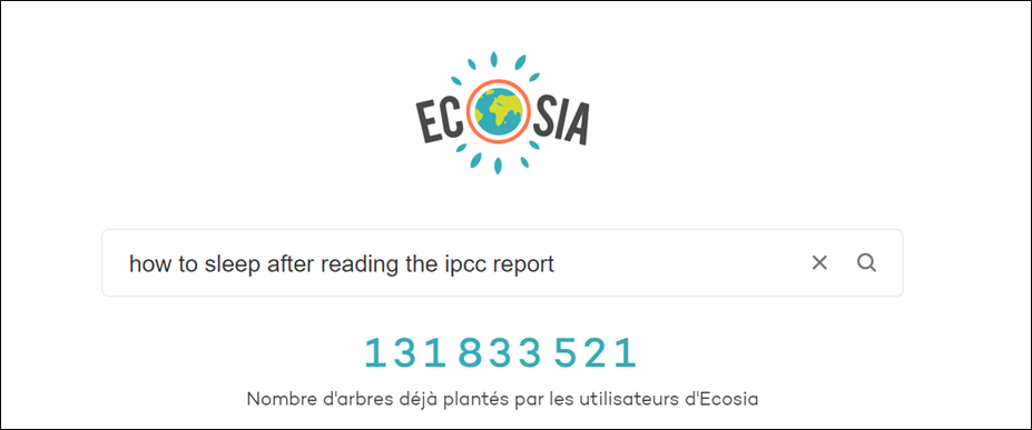 Screenshot of an Ecosia search 'how to sleep after reading the ipcc report'
