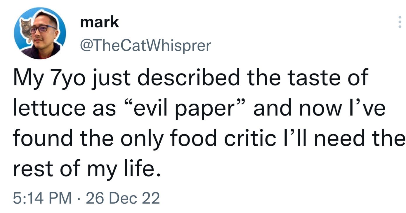 Screencap of a tweet by mark @TheCatWhisprer: "My 7yo just described the taste of lettuce as 'evil paper' and now I've found the only food critic I'll need the rest of my life."