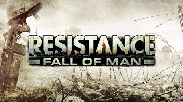 Promotional art for Resistance: Fall of Man, which features the game's title in a modified take on the game's cover art.