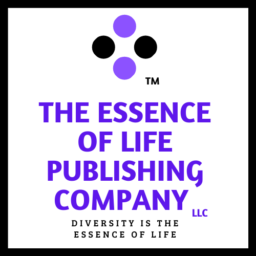A white square with a black border. In the upper center, four squares in alternating purple and black. Underneath in purple, the text reads The Essence of Life Publishing Company. Beneath, in black font, the text reads Diversity is The Essence of Life