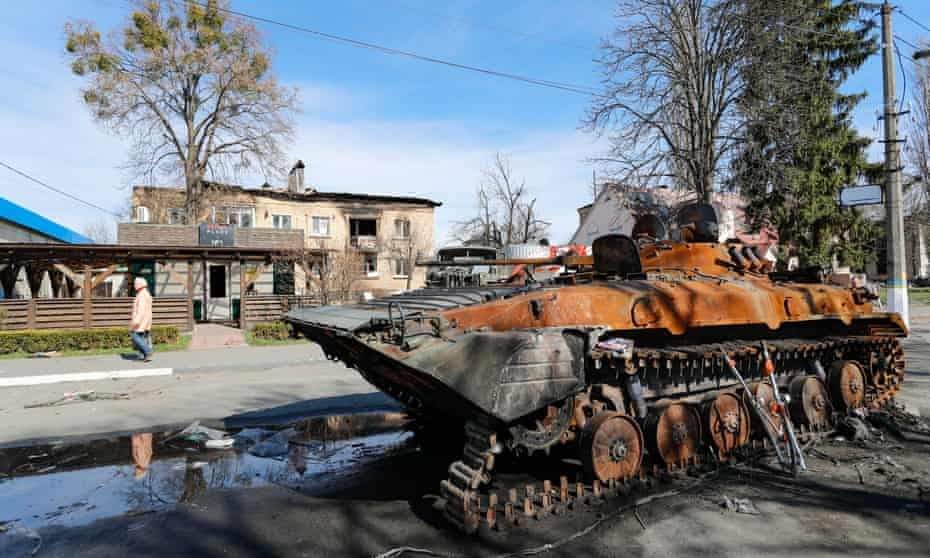 A destroyed Russian tank in Borodianka, Ukraine.