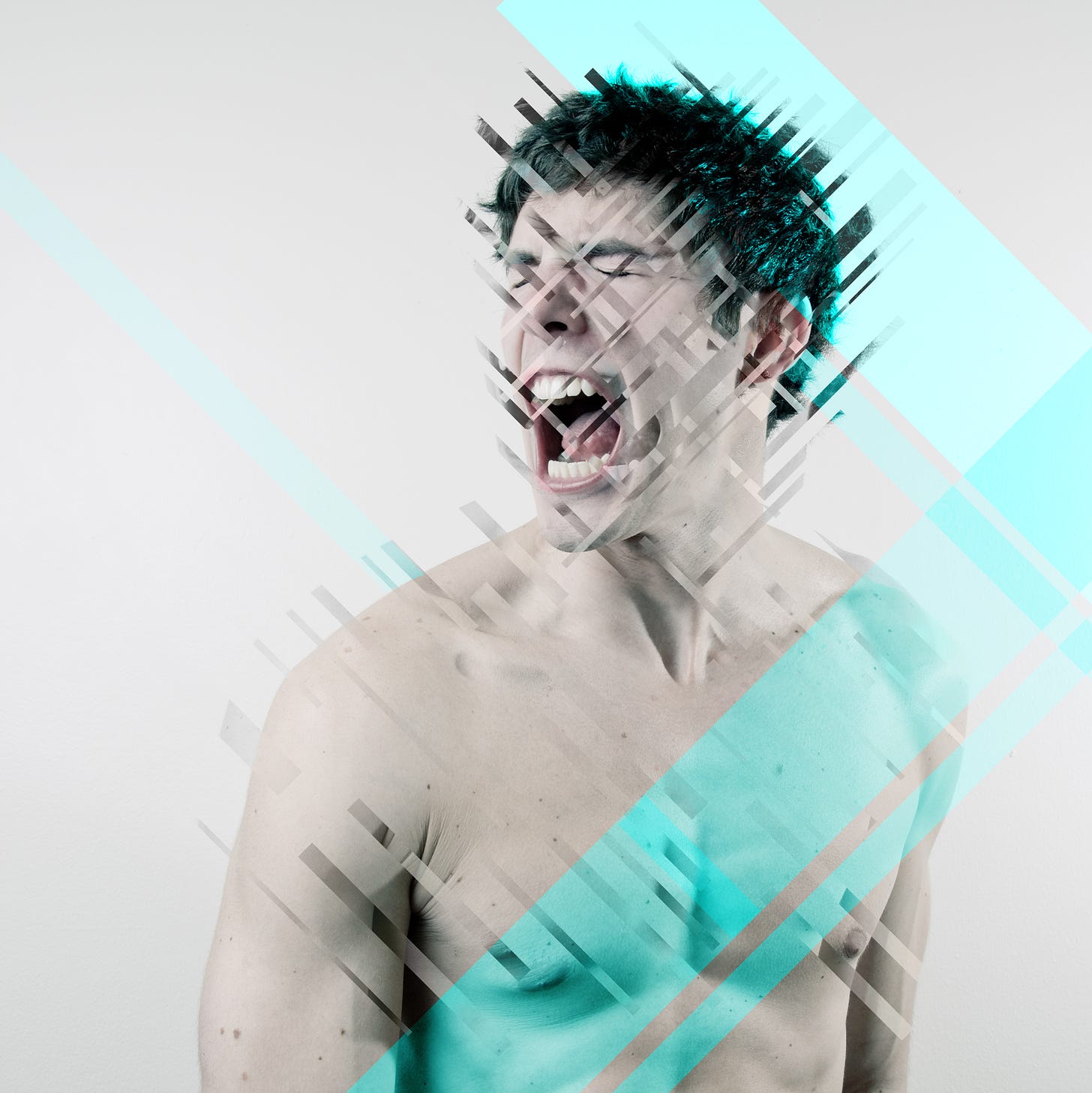 a white man, waist up, nude, screaming, looking toward the left, eyes closed, with photo effects across him rendering the image a bit artsy, blue and transparent lines cut through the figure... it's supposed to represent deconstruction or some shit idk, i'm not an artist, but it looked cool and edgy and that's the vibe of deconstruction right