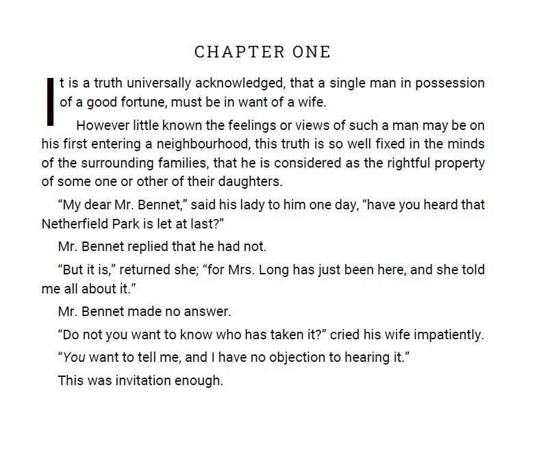 A typeset page of text showing the words "Chapter One" in Roboto Slab display font and the first several paragraphs from Pride and Prejudice in Roboto sans body text.