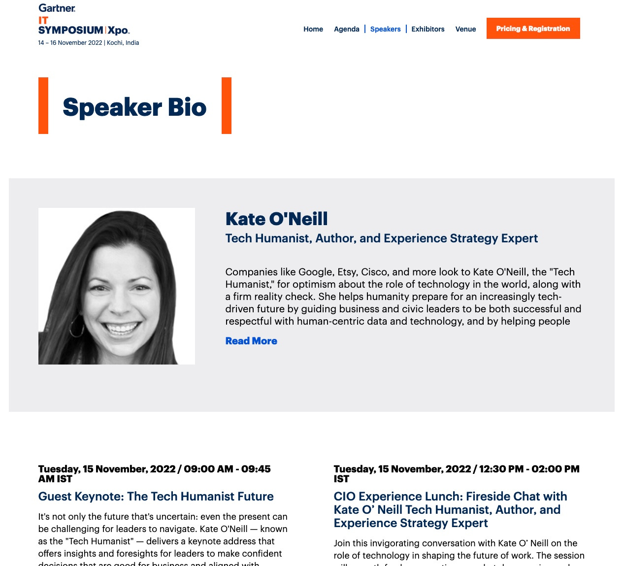 screenshot of Gartner IT Symposium website with Kate's speaker bio highlighted