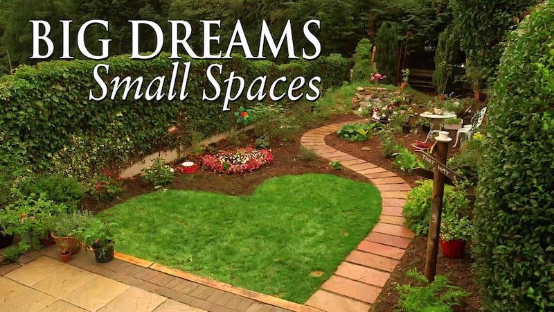 Promotional photo for the TV show "Big Dreams, Small Spaces", of a cute garden with brick path