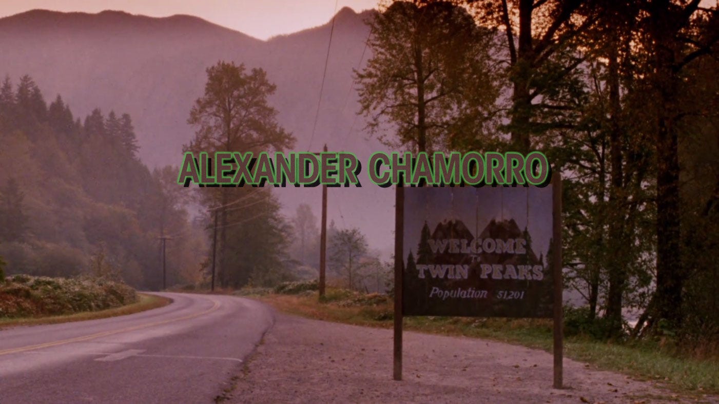 first name alexander last name chamorro on the first frame of the cult classic TV show, Twin Peaks