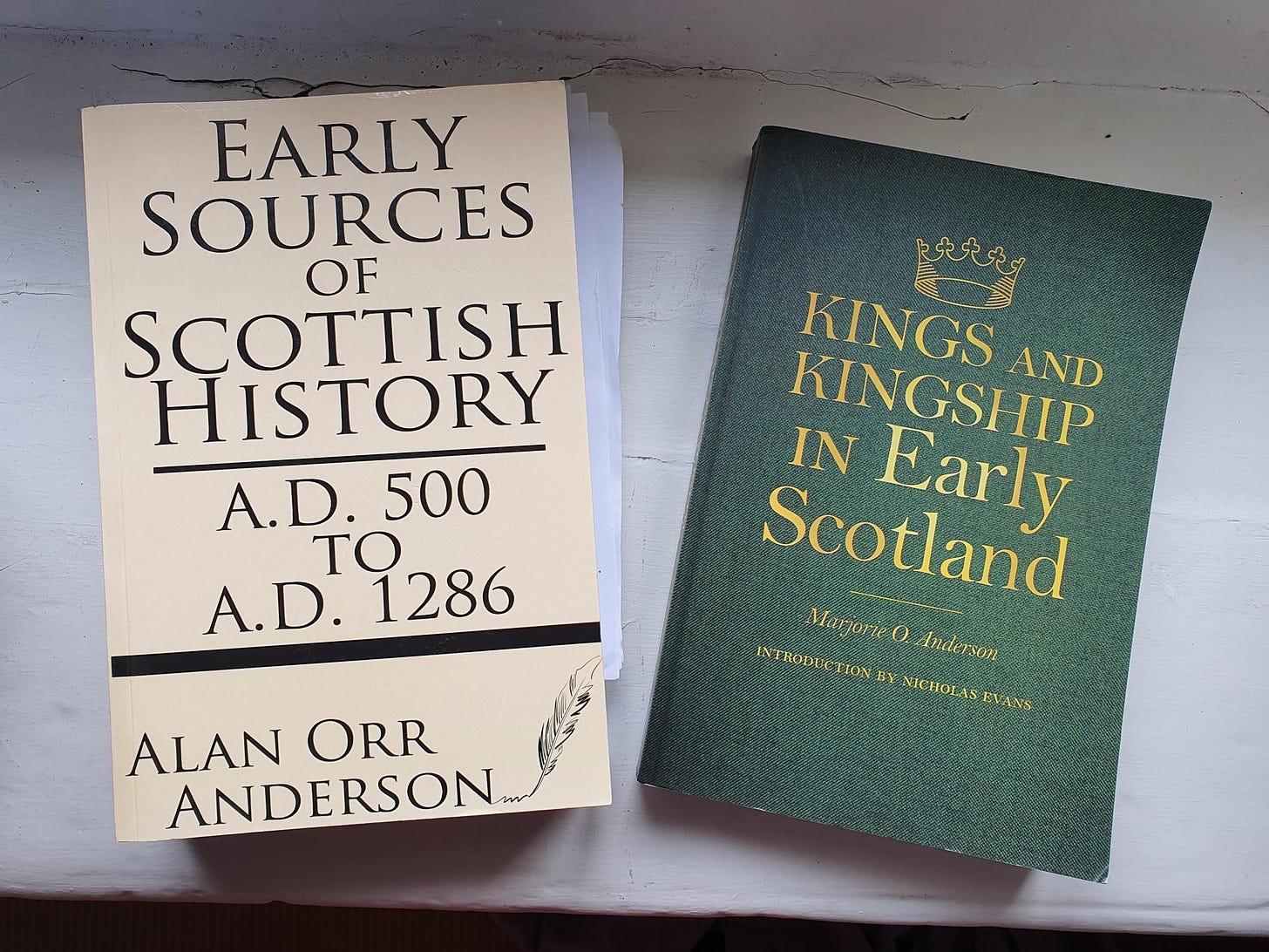 Photo of two reference books: Early Sources of Scottish History by Alan Orr Anderson, and Kings and Kingship in Early Scotland by Marjorie Orr Anderson