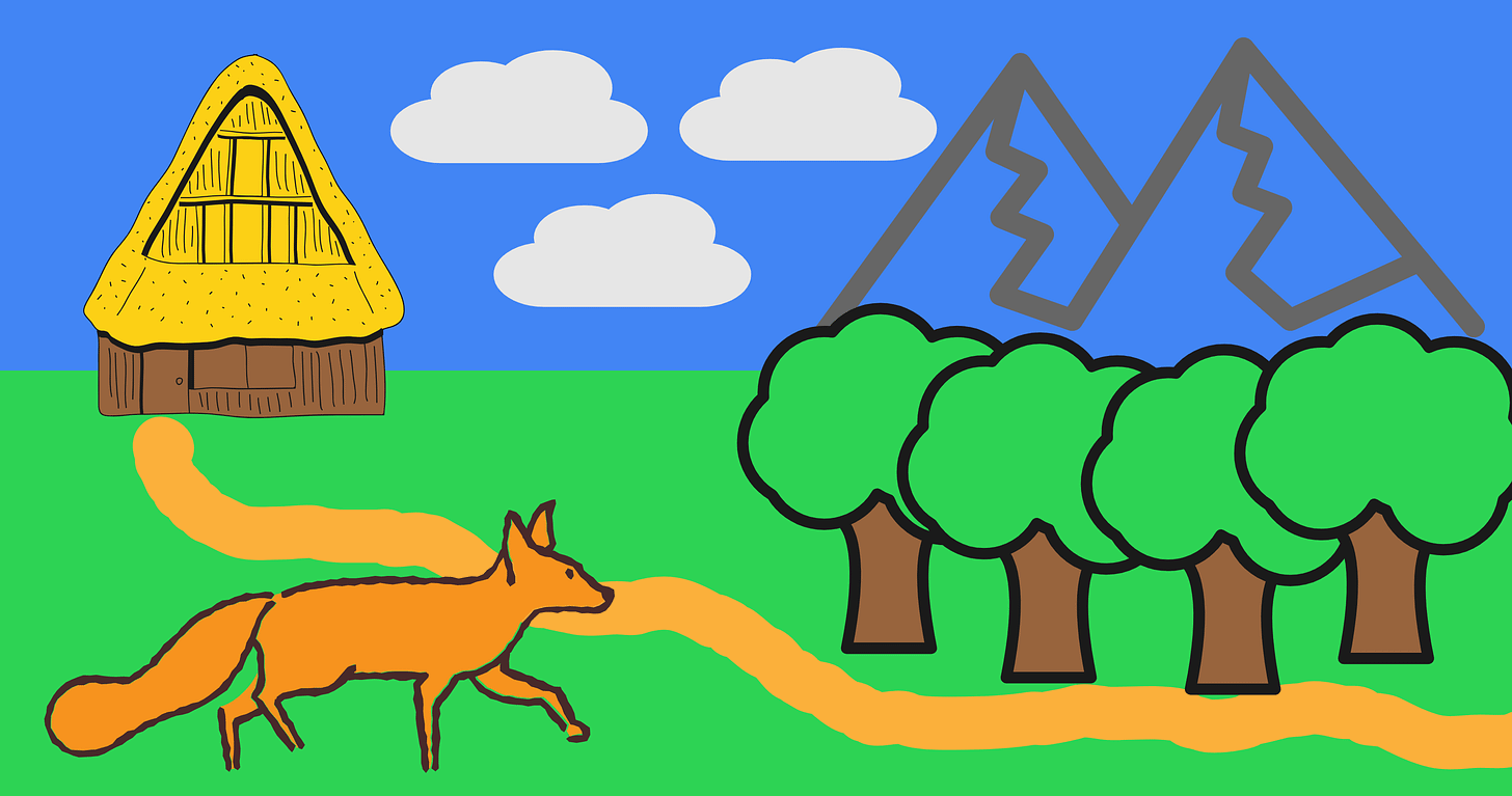 Initial AutoDraw sketch of a house, fox, trees, and mountains