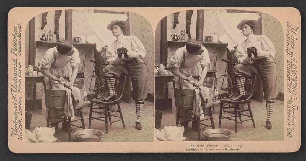 Title The new woman--Wash day Summary Stereograph showing a woman in knickers smoking cigarette and looking at man doing laundry.