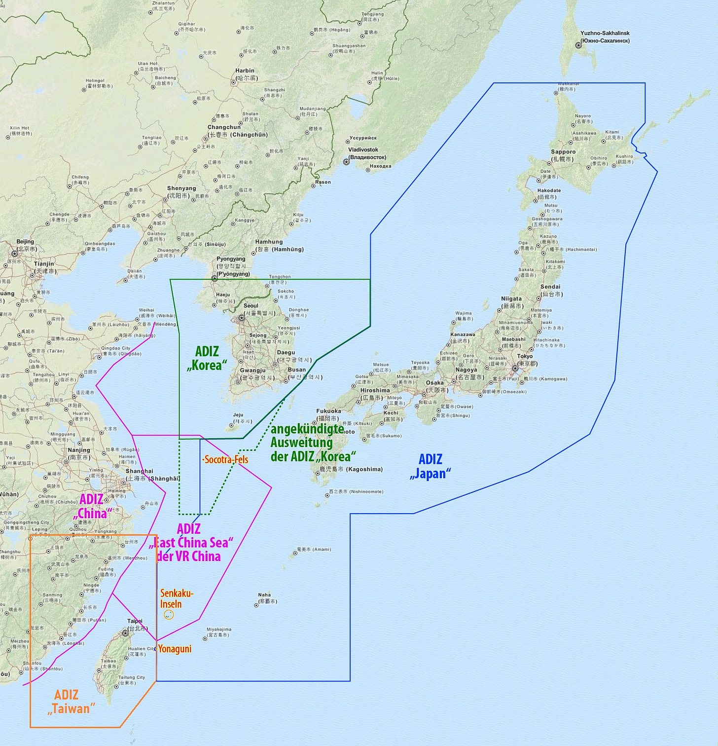 Air defence identification zones of China, Japan, South Korea and Taiwan (Image: Maximilian Dörrbecker (Chumwa), CC BY-SA 2.0, via Wikimedia Commons)