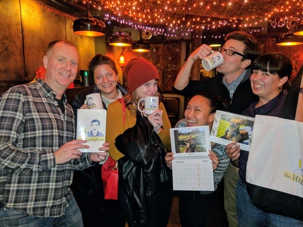 HHH #8 was a big success: 30 loyal readers gathered at Room 389 in Oakland to chat about the articles. Here are Jason, Laura, Clare, Denise, Joel, and Erin proudly showing off their Highlighter merchandise. HHH #9 will be March 7. Mark your calendars!