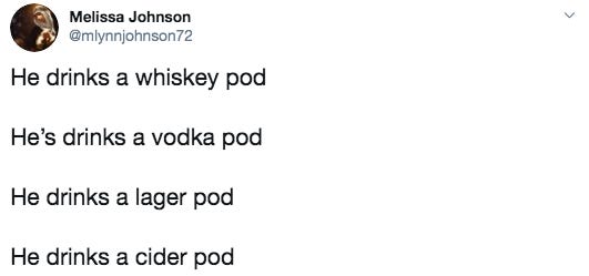 Screenshot of a funny tweet about whiskey pods