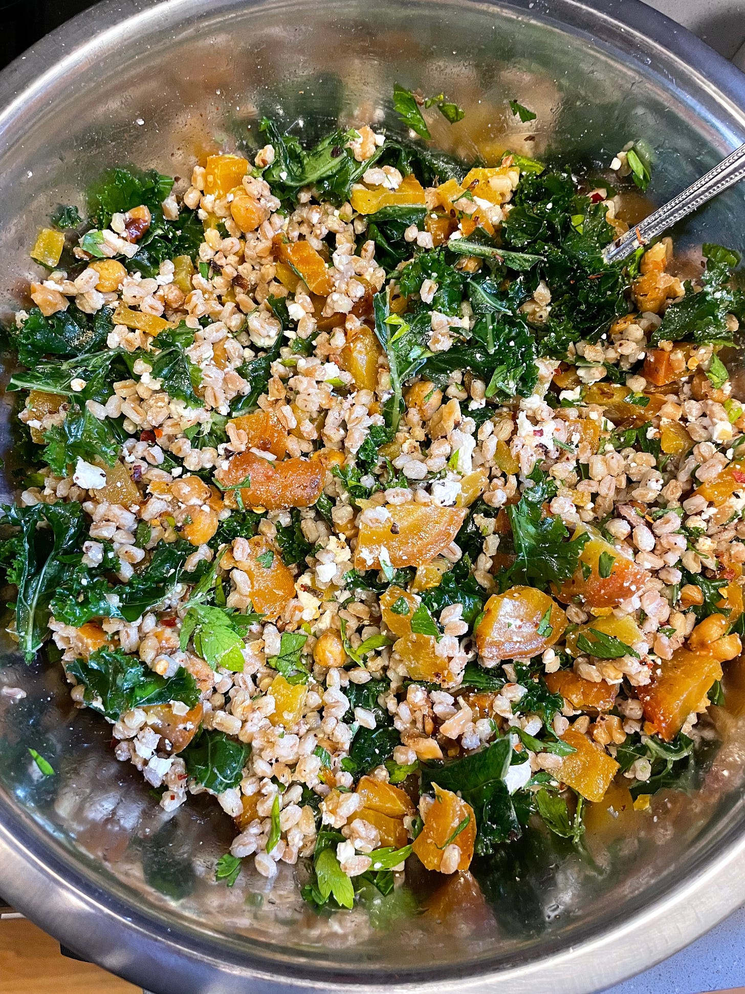 farro salad with golden beets, kale, chickpeas, herbs