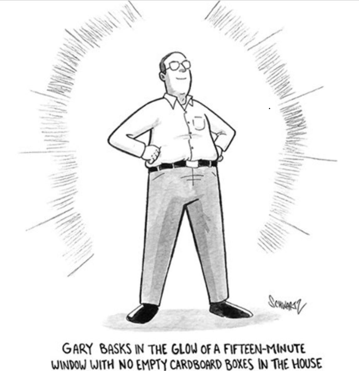 new yorker cartoon gary basks in the glow of no empty boxes in the house