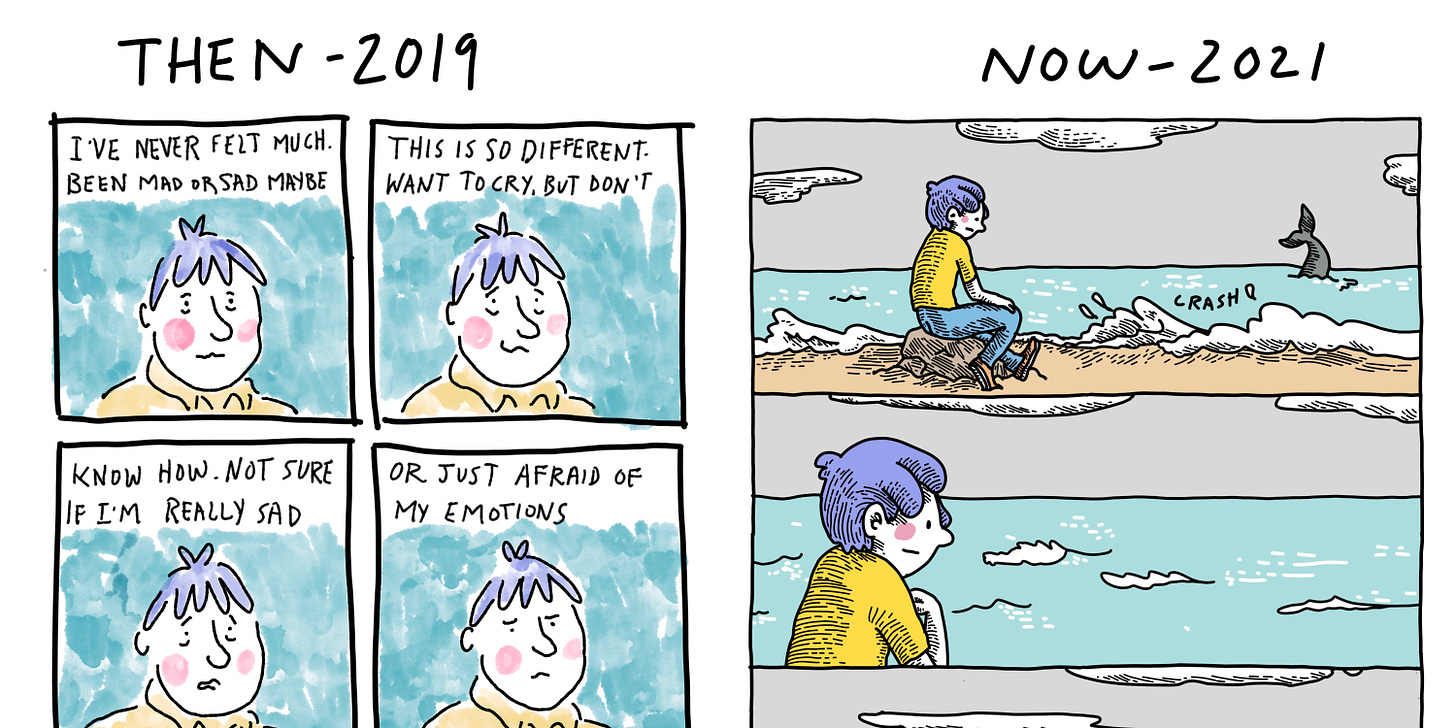 Drawings of my art then and now. Image on right is character staring at open sea
