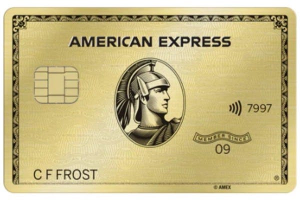 A front view of the American Express Gold credit card.