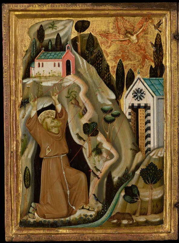 En gammal målning där man uppe till höger ser en ängel. Från ängeln går röda streck till händerna och fötterna på ett helgon i brun ordensdräkt. I bakgrunden syns en kyrka och några träd på en kulle.