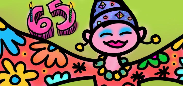 a cartoon sketch of  a woman in a bright patterend turban and caftan with outstretched arms, and birthday candles in a cake shaped like the number 65