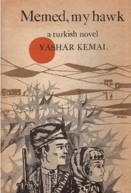 Memed My Hawk, a Turkish novel, Yashar Kemal. Book cover of a man and woman in front of fields of thistles, with barren mountains in the foreground