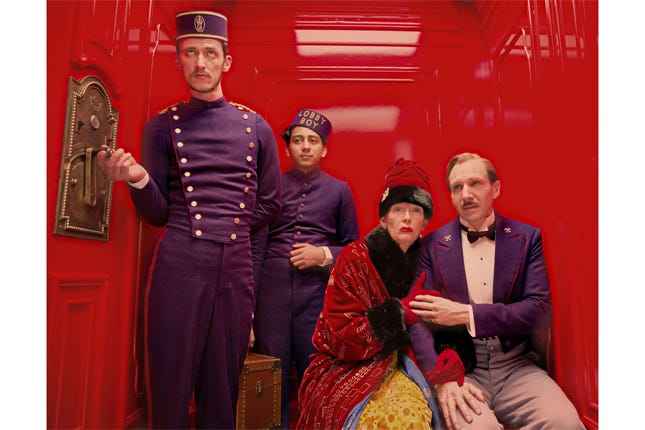 "The Grand Budapest Hotel" (2014) starring Ralph Fiennes and directed by Wes Anderson.
