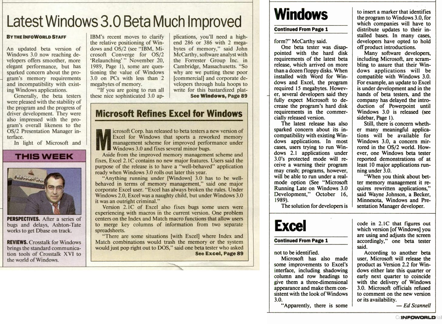 Infoworld headline "Latest Windows 3.0 Beta Much Improved"
