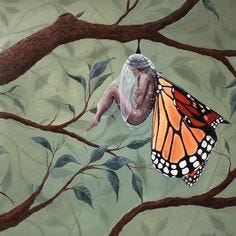 This contains an image of: Metamorphosis Phase 2:Fine Art Print of Original, Surreal Oil Painting, Figurative, Butterfly Lady, woman Transformation Wall Decor or Gift
