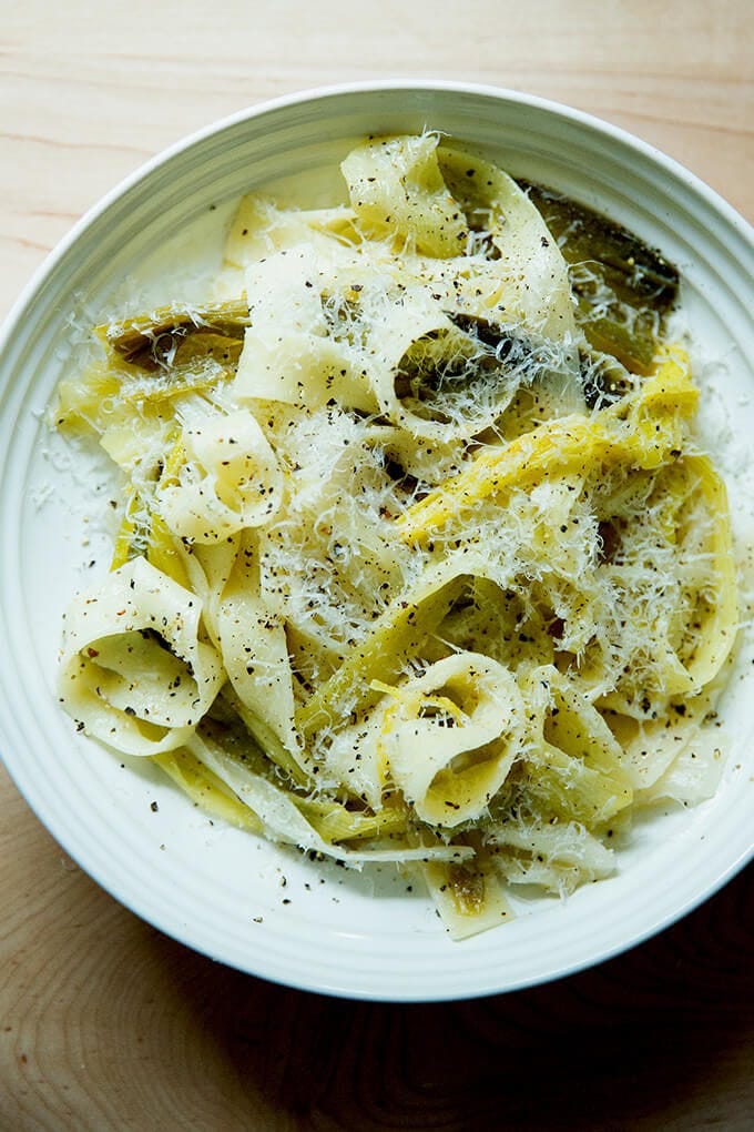 Braised leeks with pappardelle and parmesan.