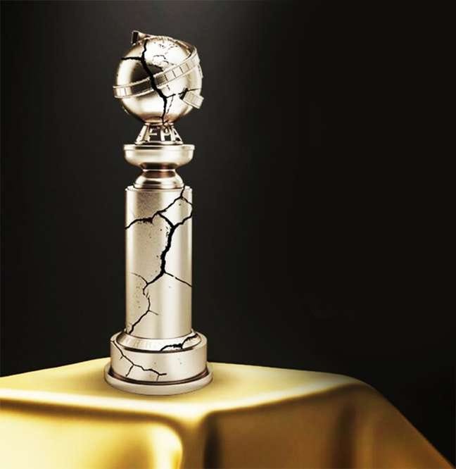 Foto montagem da estátua do prêmio, que é uma base com um globo e a fita dos filmes do cinema a sua volta. O troféu está cheio de rachaduras. Foto: Divulgação/Time's Up / Pipoca Moderna