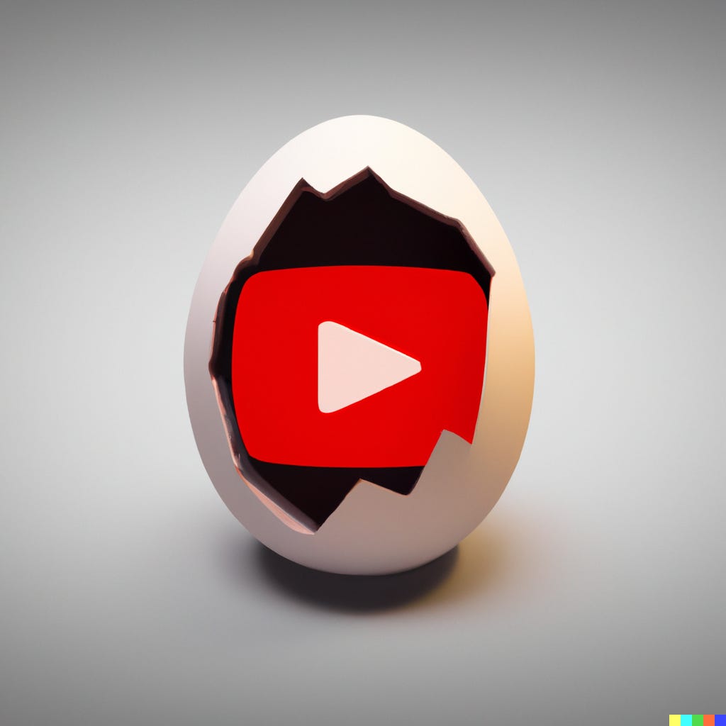 “YouTube logo hatching out of an egg, digital art” / DALL-E
