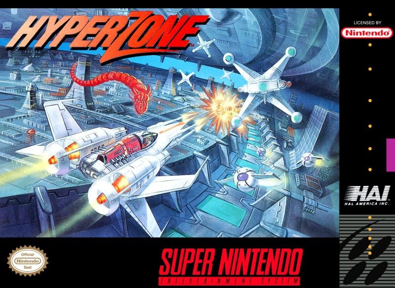 The SNES box art for HyperZone, featuring one of the game's ships firing at a foe.
