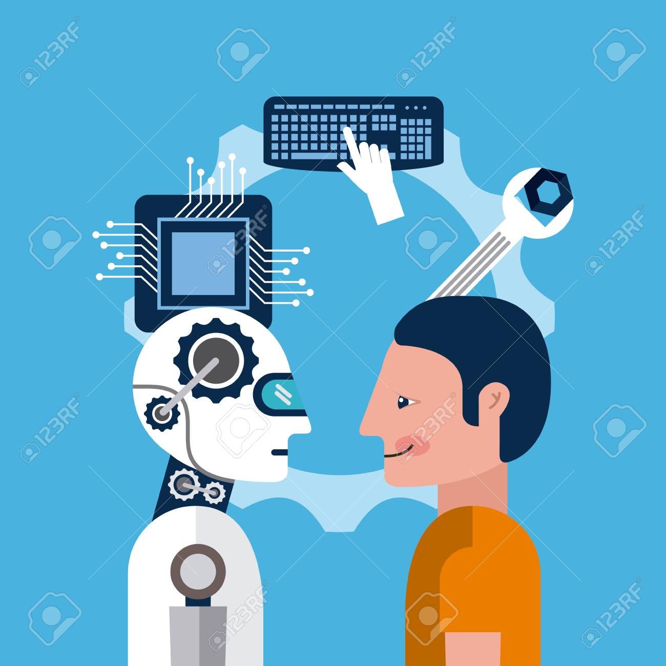 Hombre De Dibujos Animados Y Herramientas De Robot De Inteligencia  Artificial Ilustración Vectorial Ilustraciones Vectoriales, Clip Art  Vectorizado Libre De Derechos. Image 93852082.