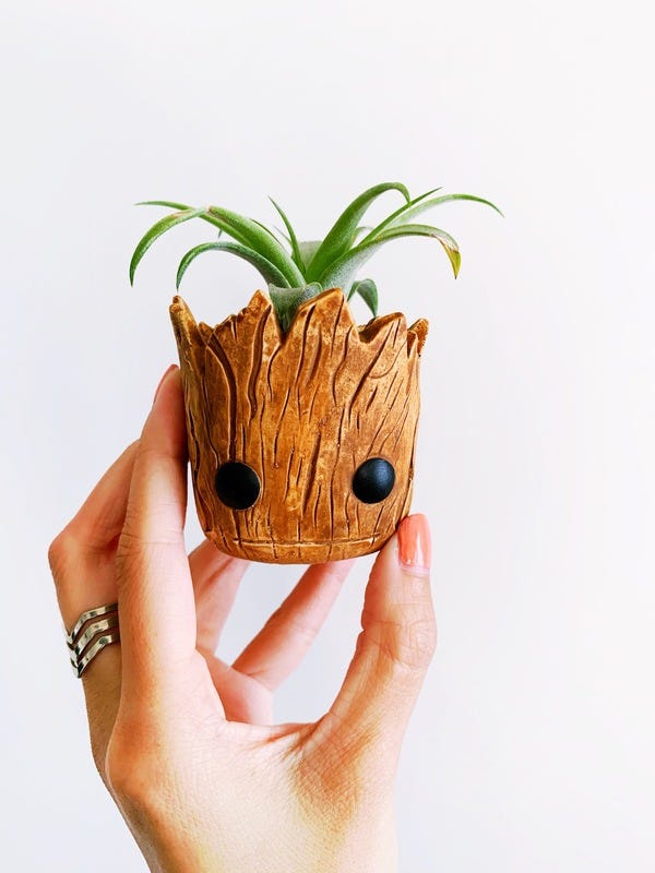 My lil air plant is thriving in its ceramic Groot head planter!