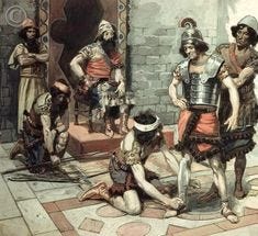 Phillip Medhurst presents 254/788 James Tissot Bible c 1899 Saul puts his armour upon David 1 Samuel 17:38 Jewish Museum New York. By a follower of (James) Jacques-Joseph Tissot, French, 1836-1902. Gouache on board.