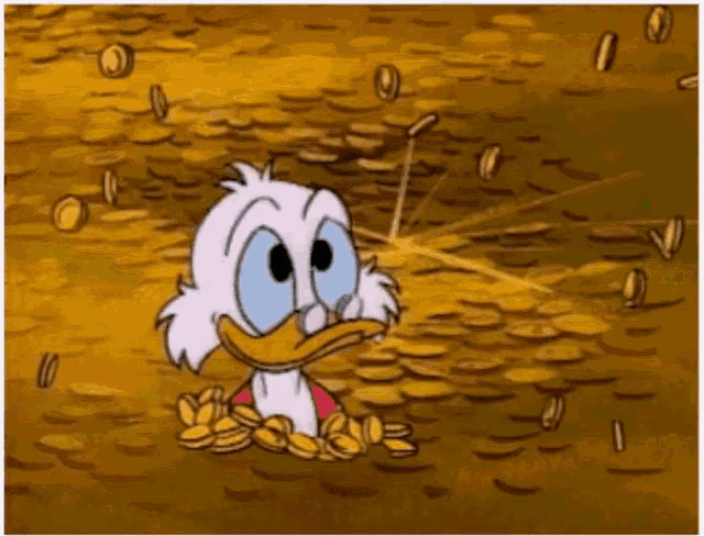 gif of scrooge mcduck diving into a room full of coins and spitting coins out of his beak