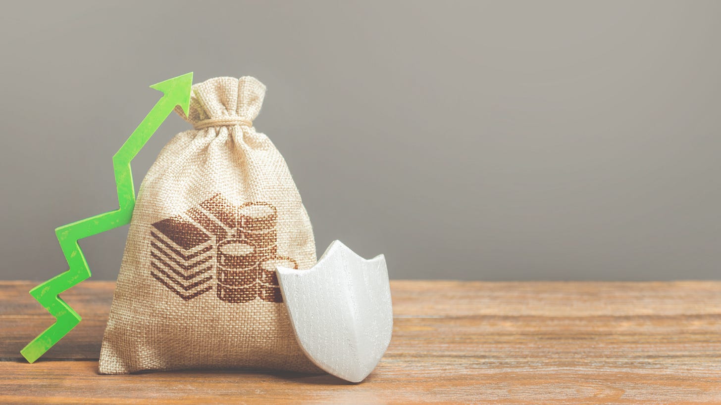 a money bag beside a green upward arrow and a shield